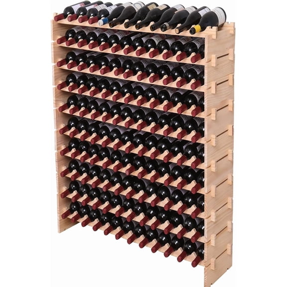 46 Inch Pine Wood Modular Wine Storage Cabinet Freestanding Stackable Wine Bottle Holder 120 Bottles Large Capacity Display Shelf for Home Bar Kitchen Dining Room