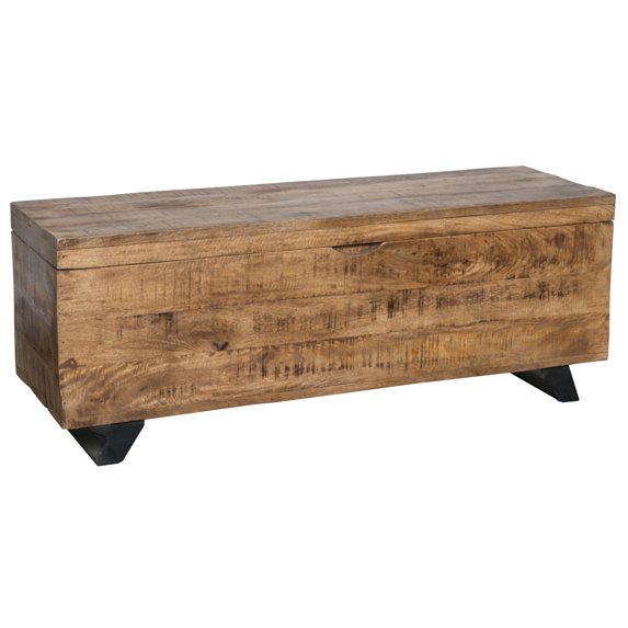 46 Inch Rectangular Wooden Storage Trunk with Angled Metal Legs, Brown- Saltoro Sherpi