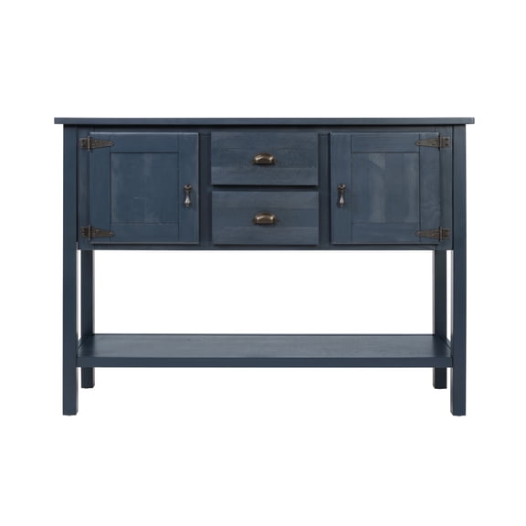 46 Inch Retro Solid Pine Sideboard Buffet Cabinet, Navy Blue Console Table with 2 Drawers, 2 Storage Cabinets & Bottom Open Shelf, Multi-Purpose Entryway Dining Server Table Customizable