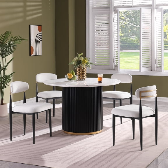 46 Inch Round Faux Marble Dining Table for 4, Black Wave Metal Base with Gold Decoration, Waterproof Scratch-Resistant Tabletop for Kitchen Dining Room