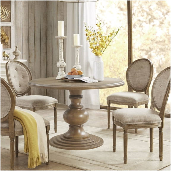 46 Inch Round Pedestal Dining Table in Reclaimed Walnut Finish, Wood Veneer Top with Diamond Design for Farmhouse Kitchen