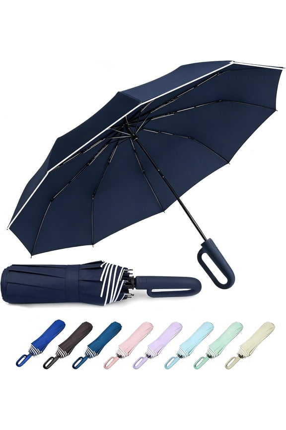 46 Inch Travel Essentials Ring Handle Umbrella, Windproof for SUN/UV and Rain with Reflective Stripe, Compact Folding Backpack Umbrella for Women Men, 10 Ribs