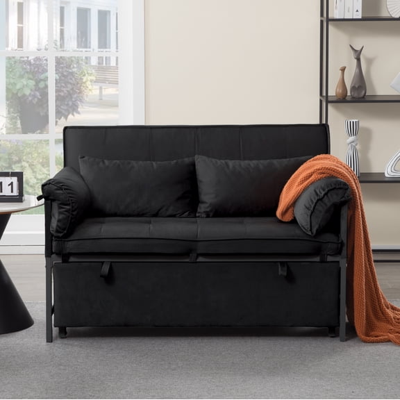 46 Inch Velvet Sleeper Sofa, Pull Out Convertible Twin Size Couch with Adjustable Backrest, Sturdy Metal Frame & Movable Arm Cushion
