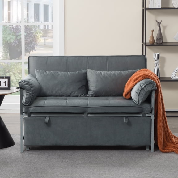 46 Inch Velvet Sleeper Sofa, Pull Out Convertible Twin Size Couch with Adjustable Backrest, Sturdy Metal Frame & Movable Arm Cushion