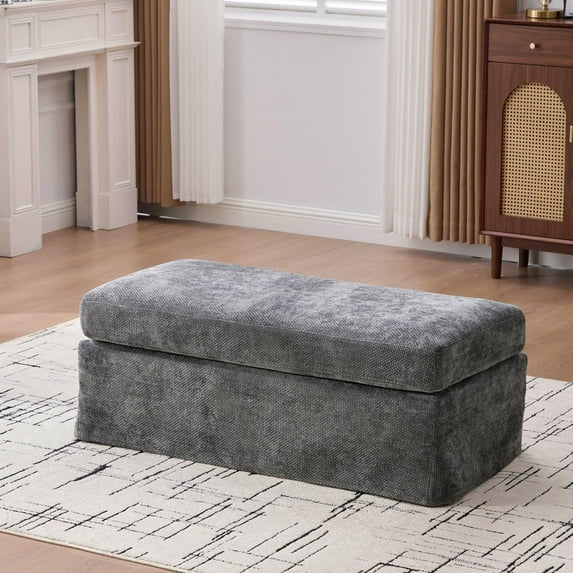 46 Inch Wide Chenille Ottoman in Charcoal, Square Footstool with Black Metal Legs, Removable Components for Easy Cleaning, Supports 500 lbs