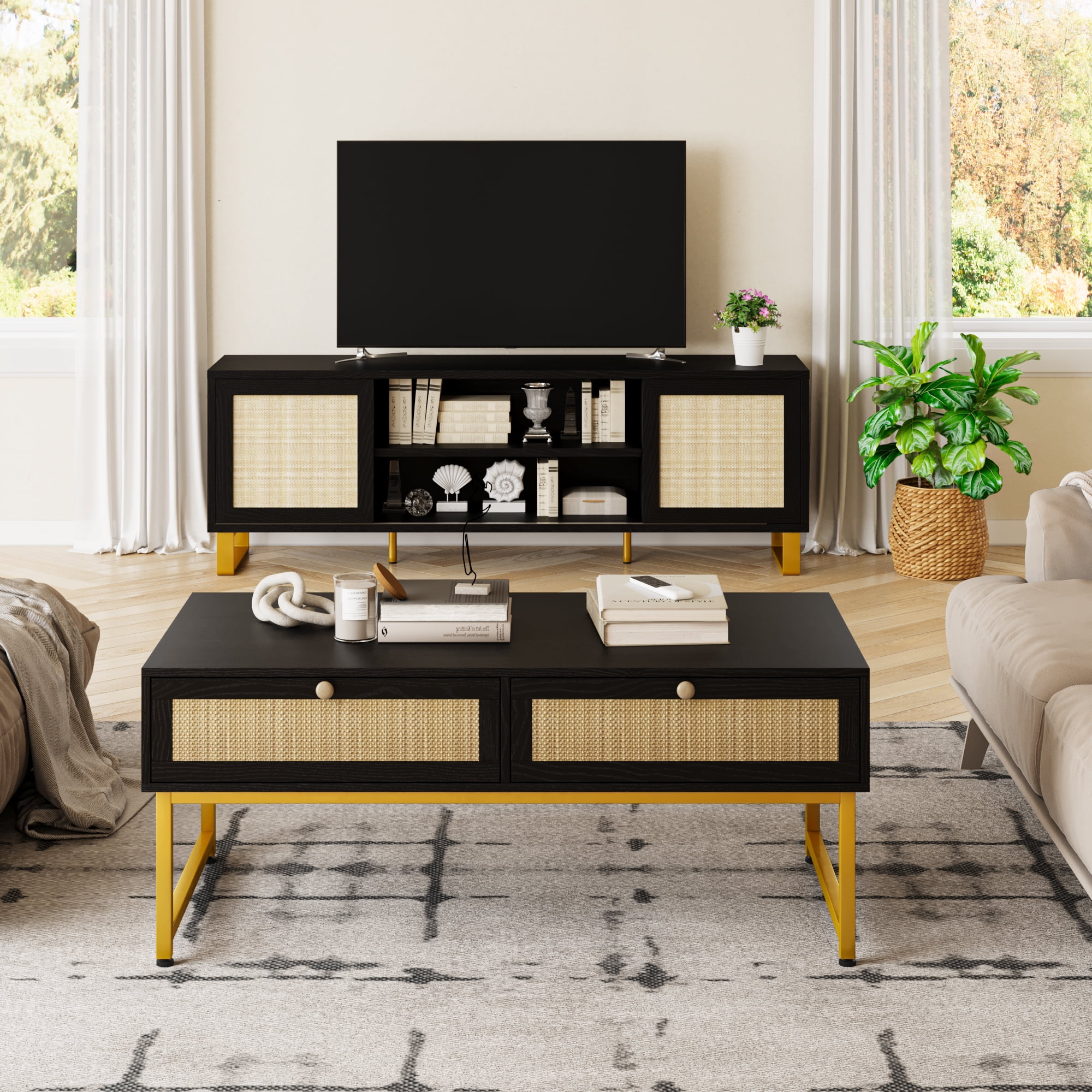 46 Inches Wide Coffee Table for Living Room,Modern Center Table with 2 ...