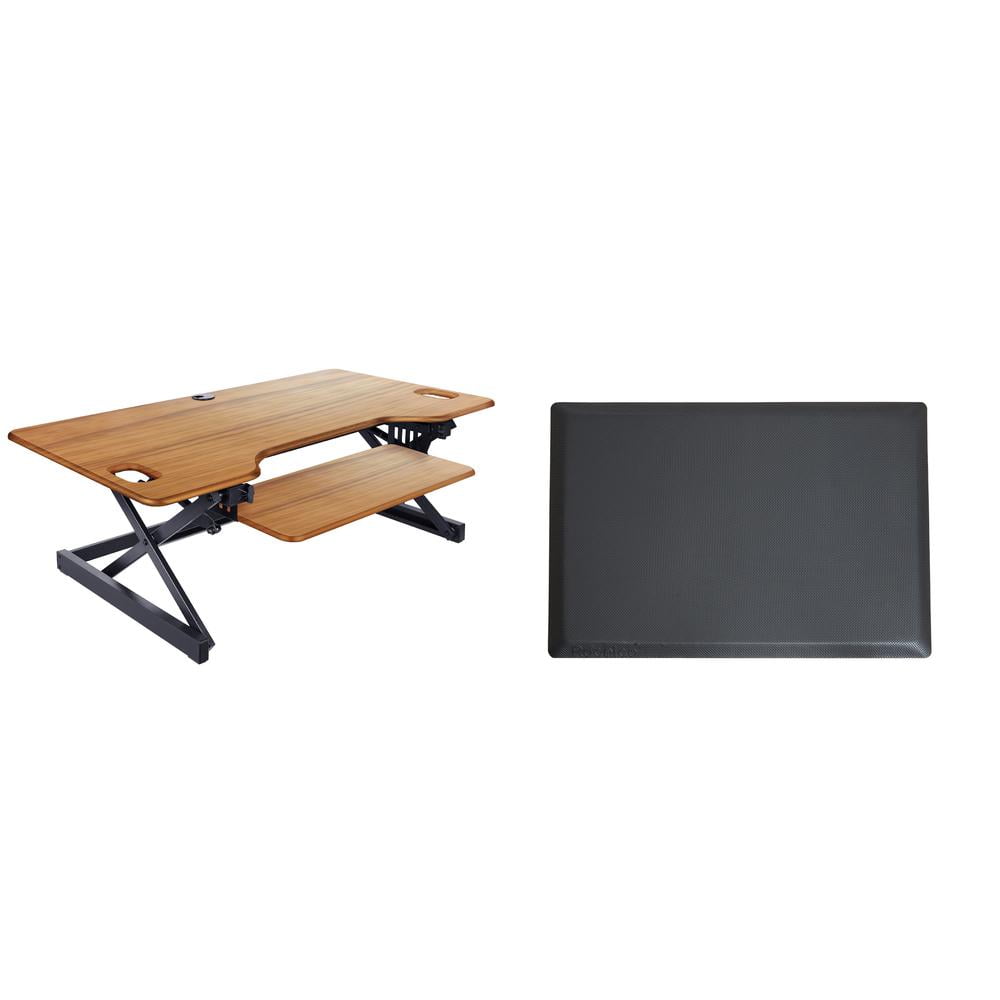 46" Large Adjustable Standing Desk Converter/Anti Fatigue Mat Bundle - Teak Wood