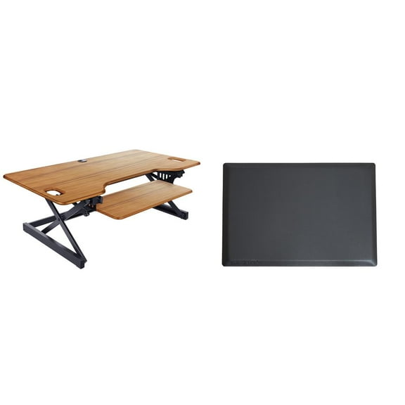 46" Large Adjustable Standing Desk Converter/Anti Fatigue Mat Bundle - Teak Wood