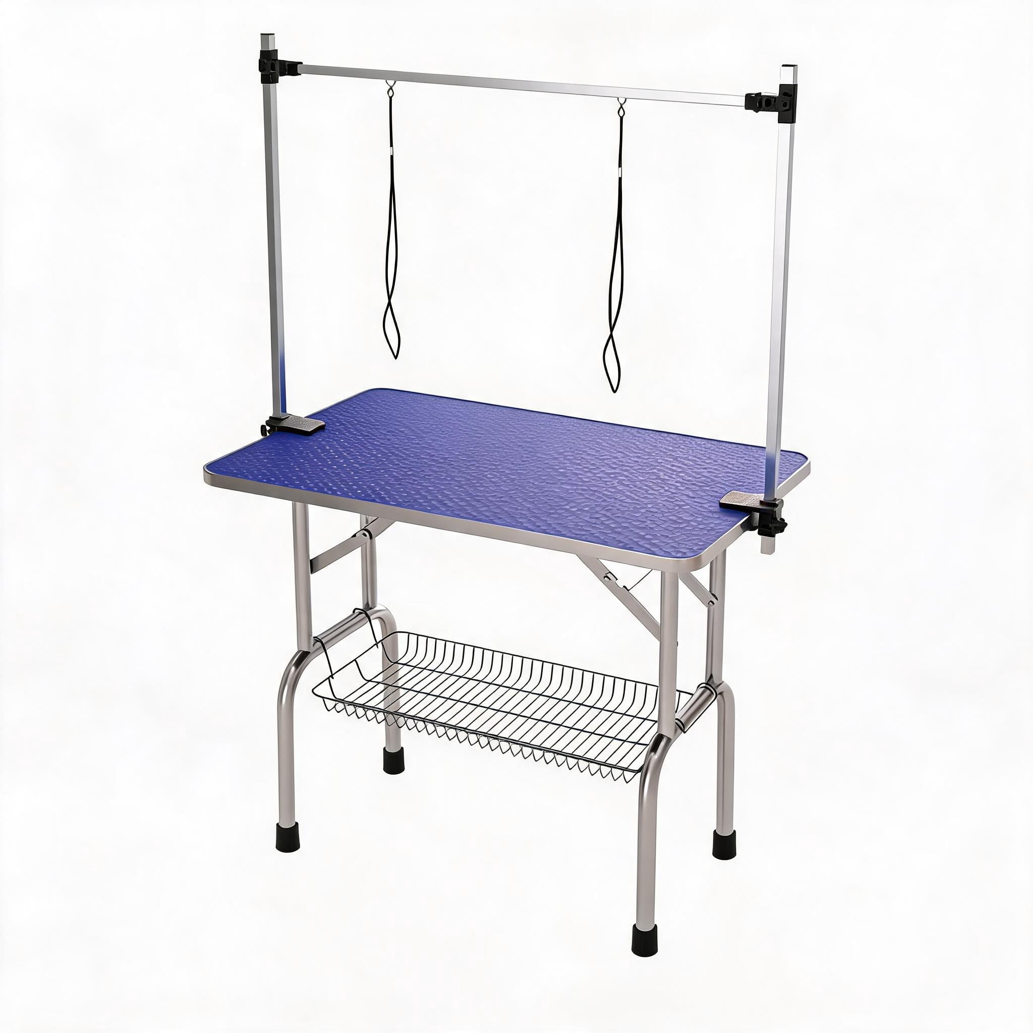 46" Large Blue Heavy Duty Pet Grooming Table, Foldable Dog Cat Grooming Station with Adjustable Arm, Noose & Storage Basket, Stainless Steel Frame