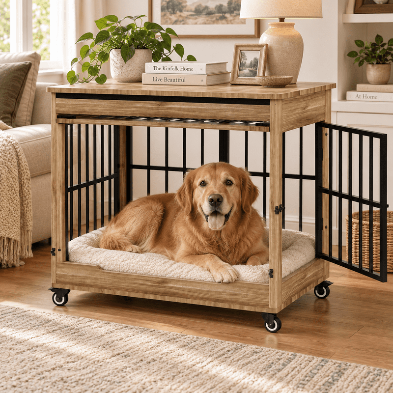 46" Large Dog Crate Furniture, Double Door Wooden Dog Kennel with Removable Curtain, Lockable Caster Wheels, Indoor Pet Cage End Table for Extra Large Dogs