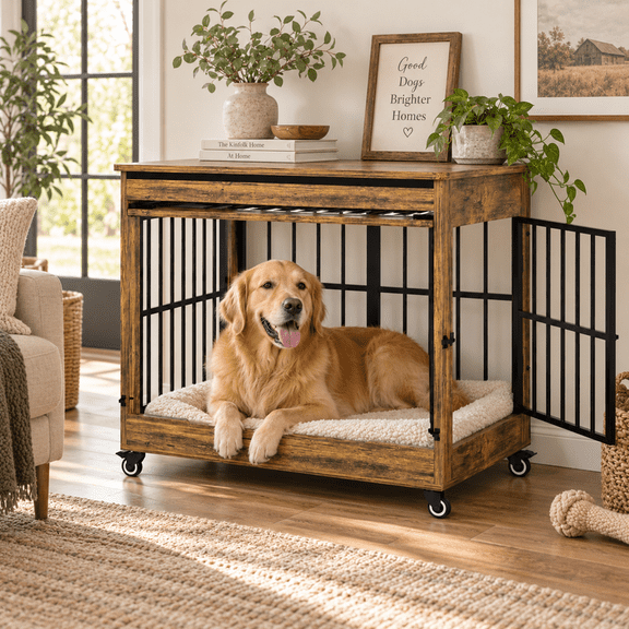 46" Large Dog Crate Furniture, Double Door Wooden Dog Kennel with Removable Curtain, Lockable Caster Wheels, Indoor Pet Cage End Table for Extra Large Dogs