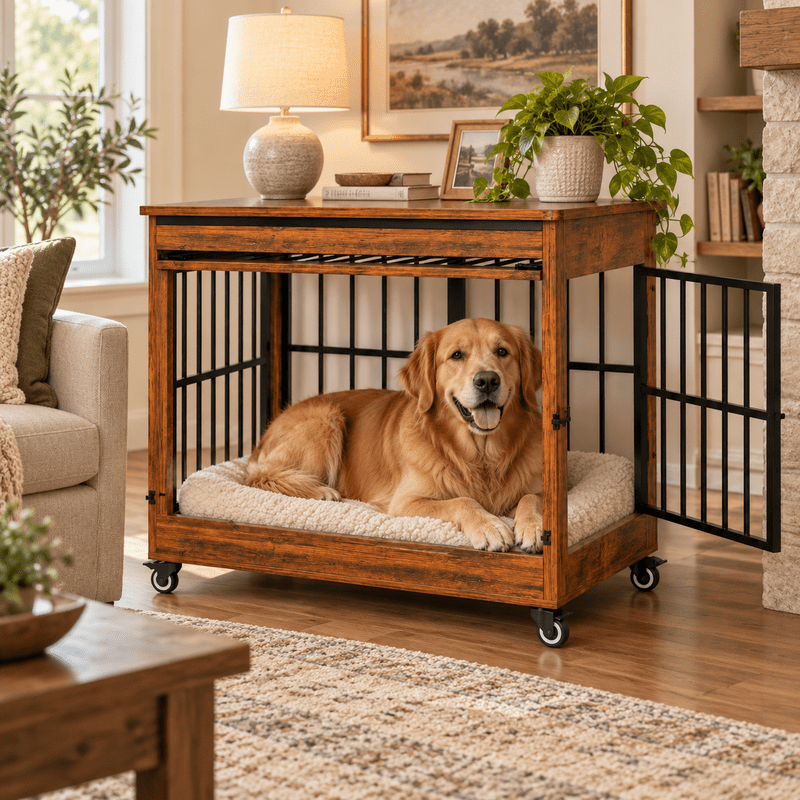 46" Large Dog Crate Furniture, Double Door Wooden Dog Kennel with Removable Curtain, Lockable Caster Wheels, Indoor Pet Cage End Table for Extra Large Dogs