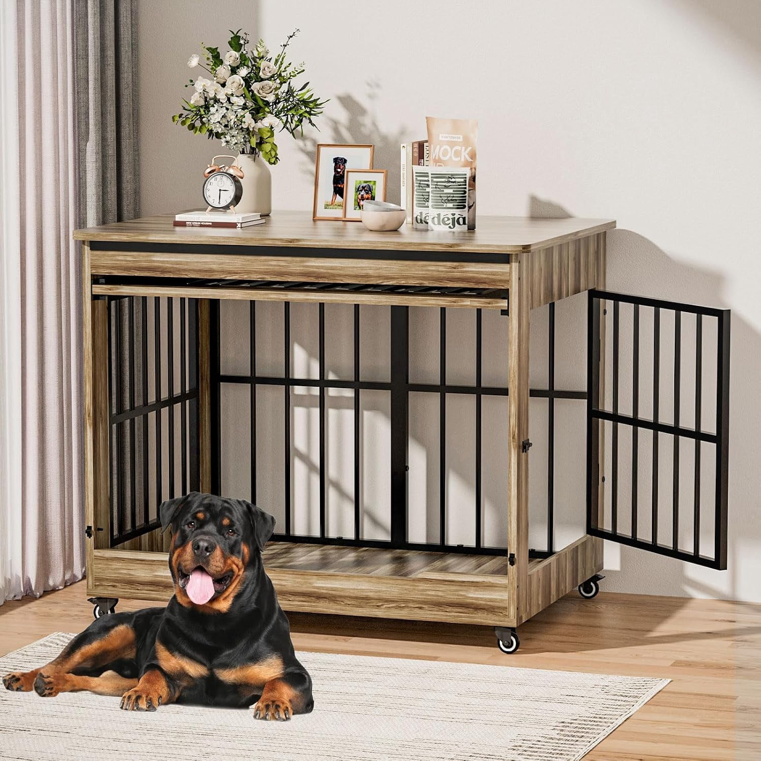 46" Large Dog Crate Furniture, Double Door Wooden Indoor Dog Kennel End Table with Wheels, Decorative Pet Cage for Extra Large Breeds, Greige