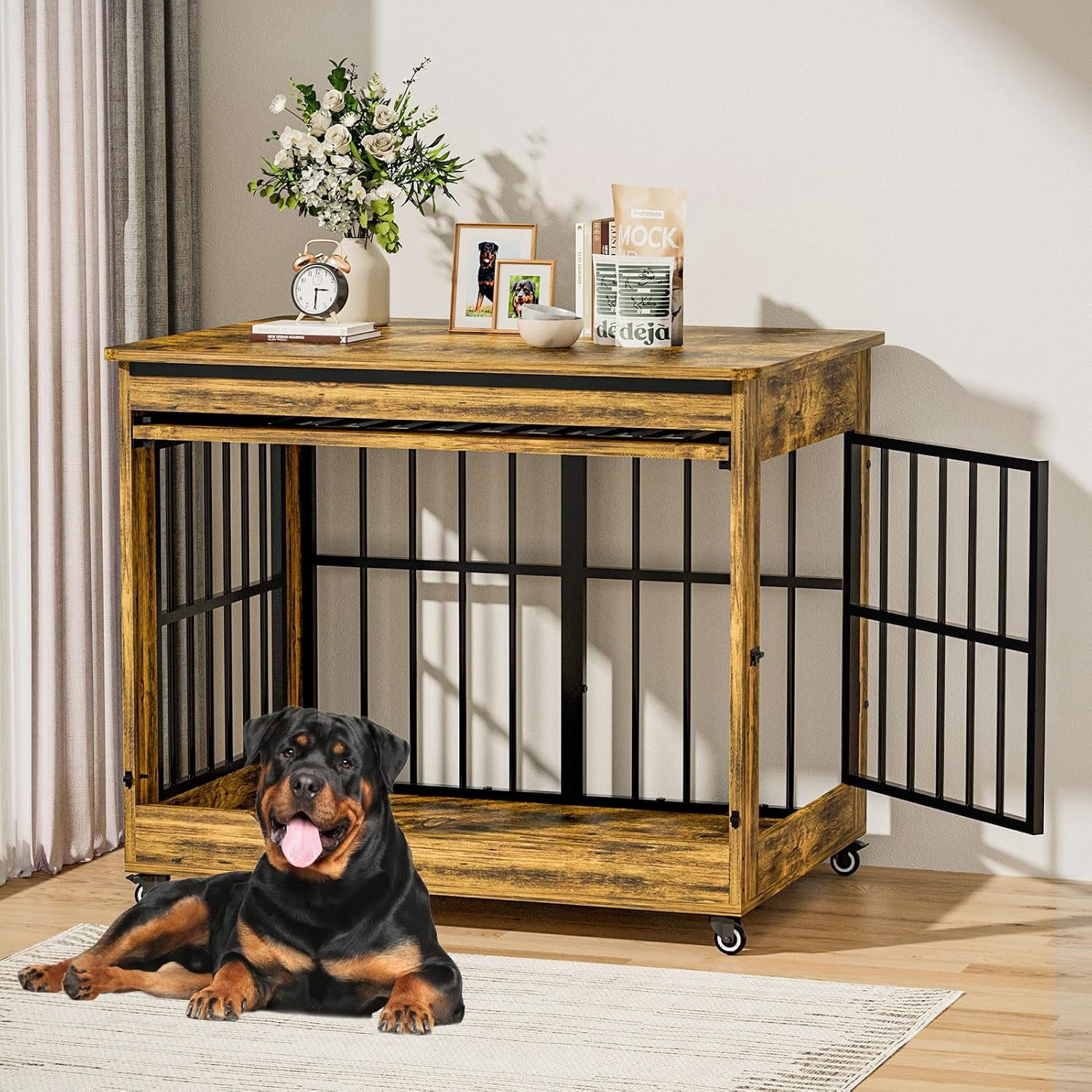 46" Large Dog Crate Furniture, Double Door Wooden Indoor Dog Kennel End Table with Wheels, Decorative Pet Cage for Extra Large Breeds, Rustic Brown