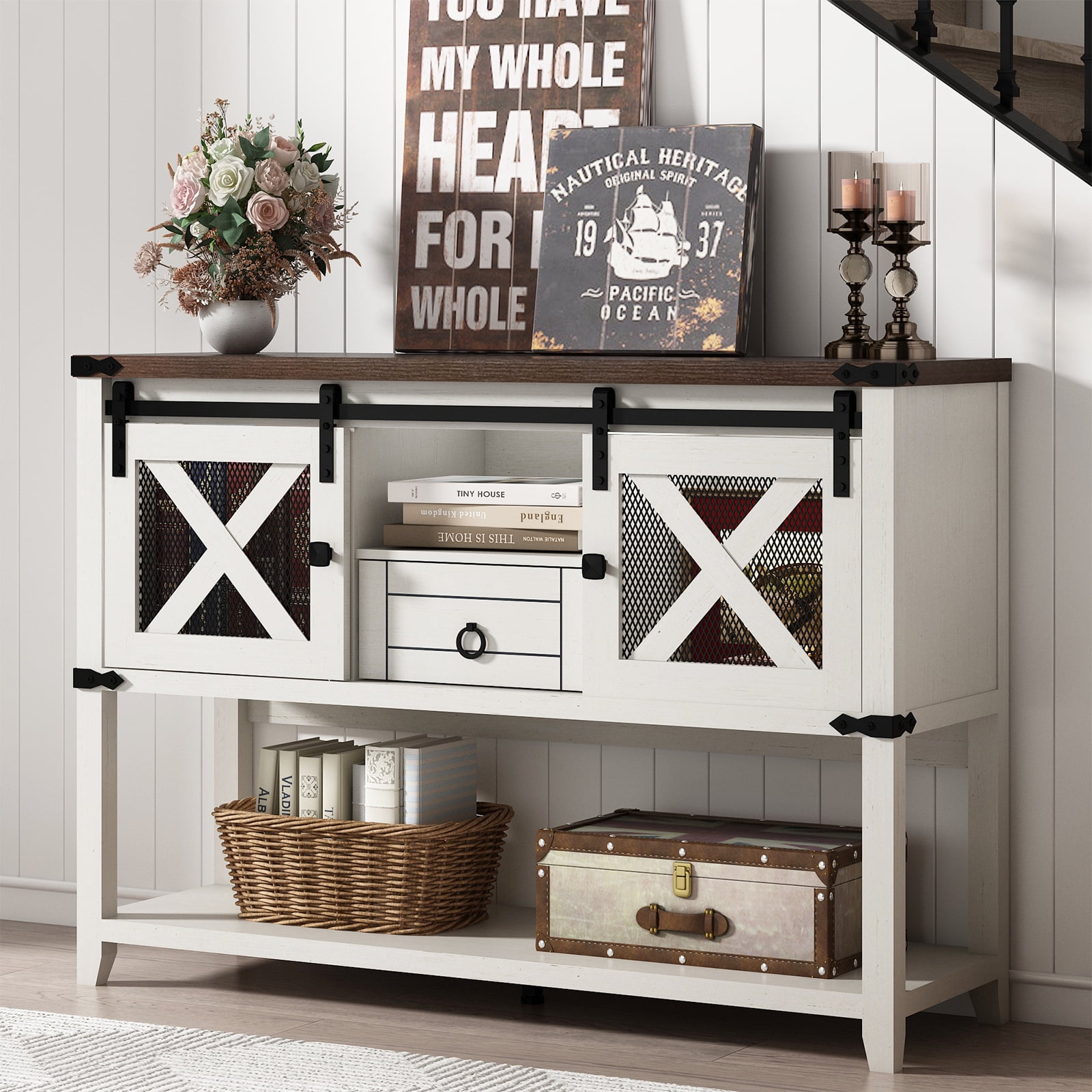 46'' Large Farmhouse Entryway Table with Sliding Barn Doors, Console Table Sofa Side Table with Storage Drawer for Hallway, Living Room(Antique White-Entryway Table)