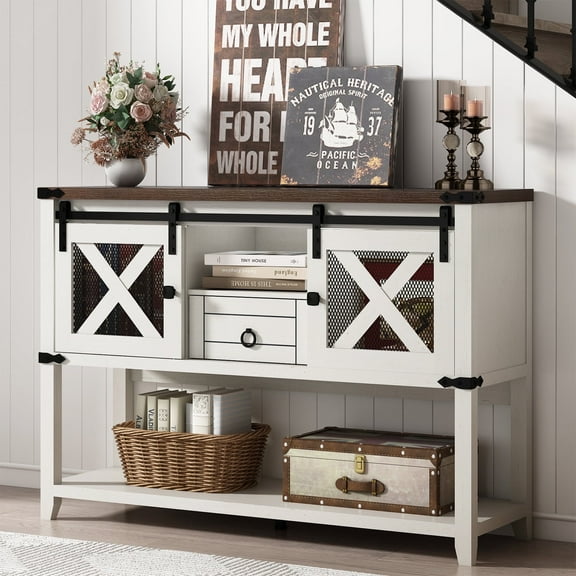 46'' Large Farmhouse Entryway Table with Sliding Barn Doors, Console Table Sofa Side Table with Storage Drawer for Hallway, Living Room(Antique White-Entryway Table)