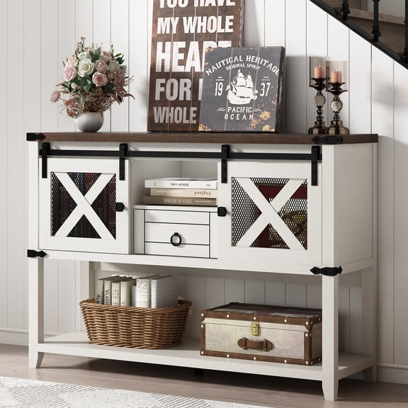 46'' Large Farmhouse Entryway Table w/Sliding Barn Doors, Industrial Rustic Console Table Sofa Side Table with Storage Drawer for Hallway, Living Room