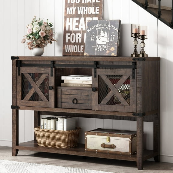 46'' Large Farmhouse Entryway Table w/Sliding Barn Doors, Industrial Rustic Console Table Sofa Side Table with Storage Drawer for Hallway, Living Room(Rustic Brown-Entryway Table)