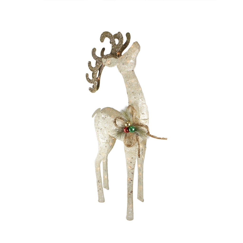 46" Lighted Sparkling White Sisal Reindeer Christmas Yard Art Decoration
