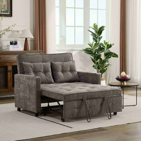 46" Linen Convertible Loveseat Sleeper Sofa Bed, Pull-Out Loveseat with USB, Convertible Sofa Bed Couch for Small Spaces, Antique Grey