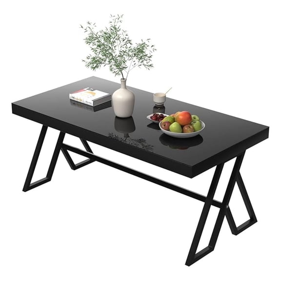 46" Living Room Coffee Table, Tempered Glass Tea Table Cocktail Desk,Metal Triangular Leg Coffee Table, Black Glass Anti Scratch Polished Surface, Luxury Black Coffee Table for Home