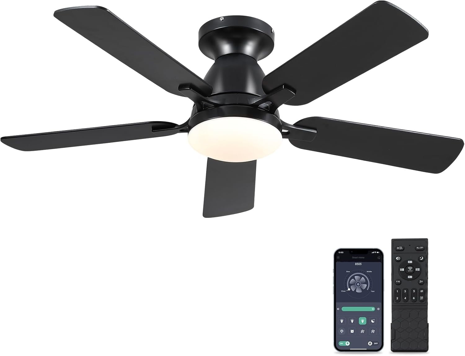 46" Black Low Profile Ceiling Fan with LED Light and Remote Control