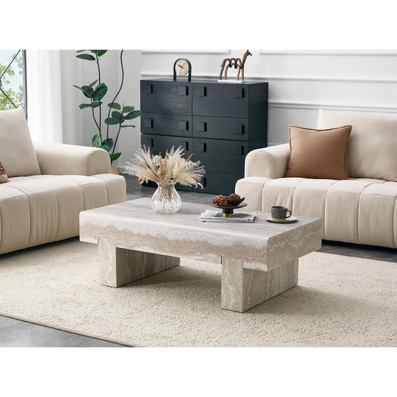 46'' Modern Coffee Table for Living Room, Marble Pattern Stone Travertine Coffee Table with Storage Thick Sturdy Legs for Dining Room Apartment Small Space (Stone Travertine Pattern)