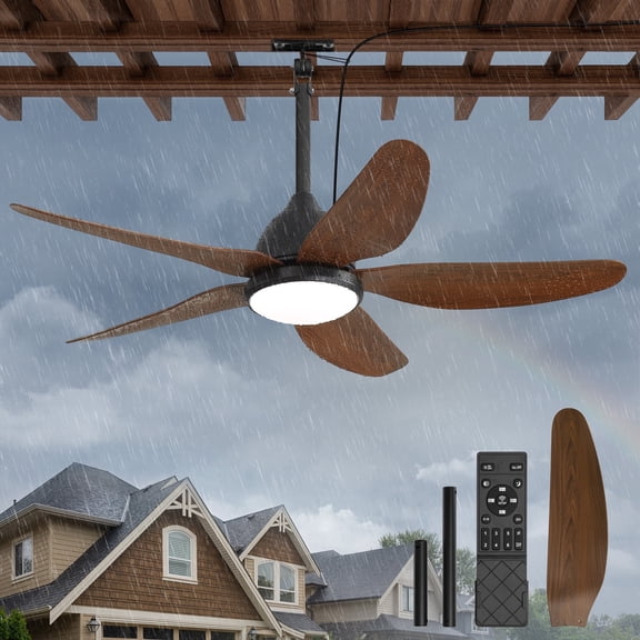 Lokivas 46" Brown Waterproof Outdoor Gazebo Ceiling Fan with Light, Quiet 6-Speed DC Motor, IP65 Plug-in Remote Control Hanging Fan for Patio Porch Pergola