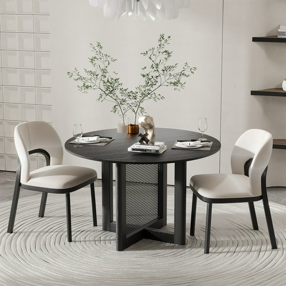 46" Modern Wood Round Dining Table,Tabacco Oak,Dining Room&Kitchen,Black
