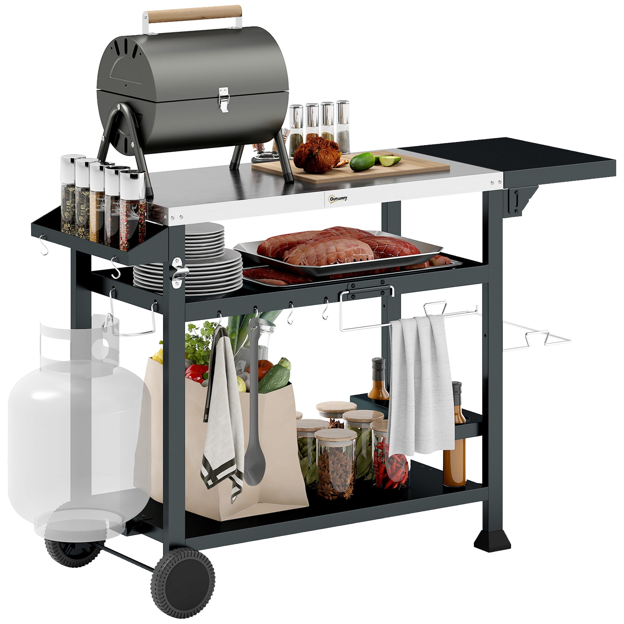 46" Outdoor Grill Cart with Foldable Side Table, 3-Shelf Stainless Steel Pizza Oven Stand, Rolling Food Prep Table with Storage Hooks & Wine Holder for Patio Garden