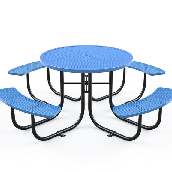 46" Outdoor Round Steel Picnic Table | Cozy Mesh Seating | Industrial Strength Steel & Finish | Portable or Fixed Installation