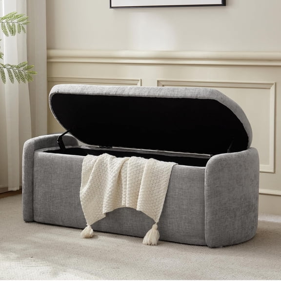 46" Oval Storage Ottoman Bench, Upholstered End of Bed Bench Ottomans Bench Foot Rest, Sherpa Storage Bench for Bedroom, Living Room and Hallway, Light Grey