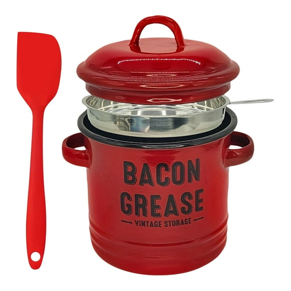 46 Oz Bacon Grease Container, Bacon Grease Saver with Strainer for Kitchen, Ceramic Bacon Grease Jar with Food-Grade Silicone Spatula & Lid, Cooking Up Fat Catcher, Vintage Rustic Farmhouse (Red)