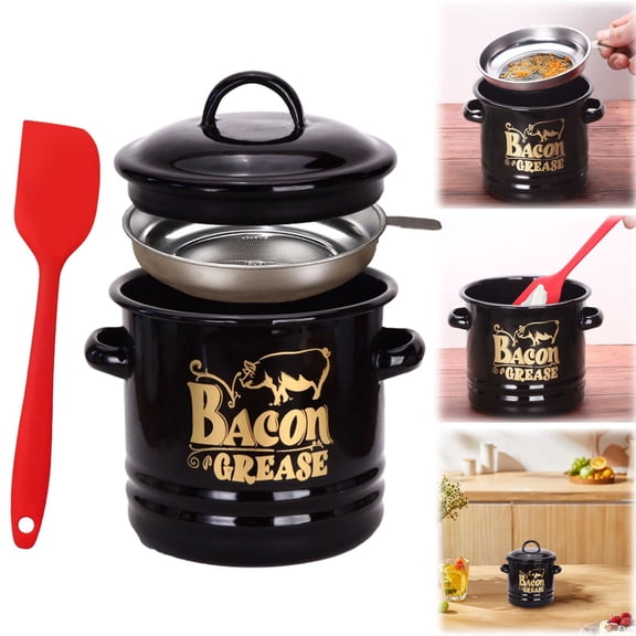 46 Oz Bacon Grease Container with Strainer and Food-Grade Silicone Spatula, 46Oz Bacon Up Bacons Grease, Greases Container for Kitchen for Cooking Frying, Baking, Fat Storage Jar