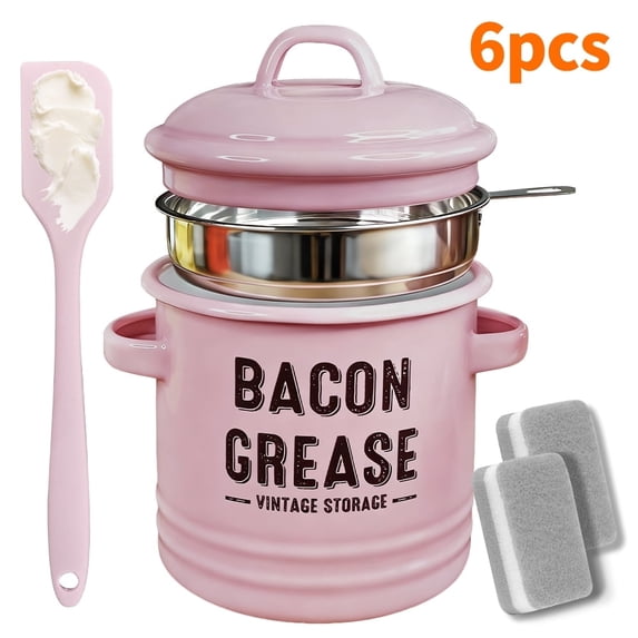 46 Oz Grease Container with Filter and Scraper, 2026 New Bacon Grease Container with Strainer and Food-Grade Silicone Spatula, Farmhouse Cooking Pot Keeper Collector, Dishwasher Safe (pink)
