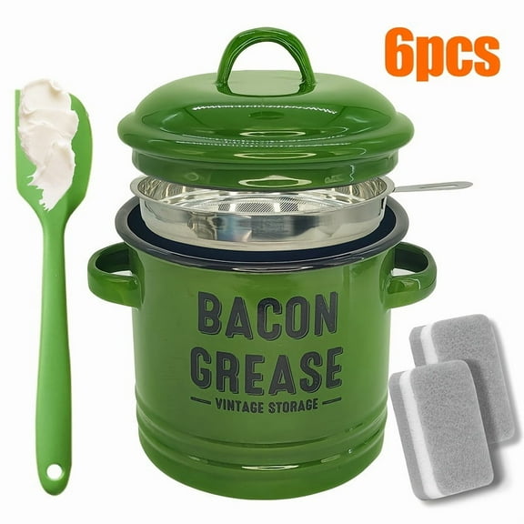 46 Oz Grease Container with Filter and Scraper, 2026 New Bacon Grease Container with Strainer and Food-Grade Silicone Spatula, Farmhouse Cooking Pot Keeper Collector, Dishwasher Safe (green)