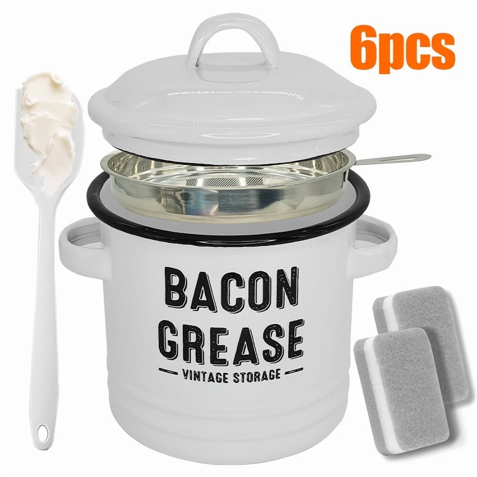 46 Oz Grease Container with Filter and Scraper, 2026 New Bacon Grease Container with Strainer and Food-Grade Silicone Spatula, Farmhouse Cooking Pot Keeper Collector, Dishwasher Safe (white)