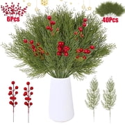46 PCS Artificial Pine Branches Christmas Faux Pine Greenery Stems Red Holly Berries Fake Cedar Pine Needles Picks for Christmas Tree Wreath Garland DIY Crafts Holiday Home Decoration