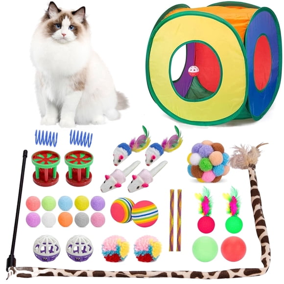 33 Pcs Cat Toys Bundle,Interactive Toys with Collapsible Play Tent Feather Wand Colorful Mouse Teaser Bell Fuzzy Ball