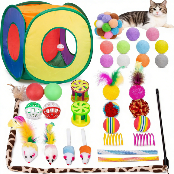 33 Pcs Cat Toys Kitten Toys,Collapsible Play Tunnel with Interactive Feather Wand, Bell Balls, Springs & Plush Mice Tent
