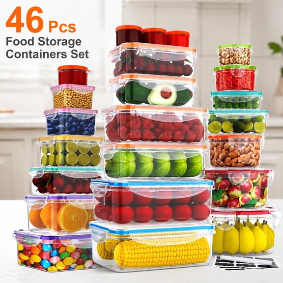 46 PCS Food Storage Containers with Lids Airtight Plastic Pantry Kitchen Organization Microwave Dishwasher Freezer Safe Leak Proof Stackable Boxes