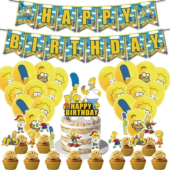 46 PCS For Simpsons Birthday Party Decorations, with 25 Cupcake Toppers for Decorative Supplies Set 1 Happy Birthday Banner Garland, 20 Balloons