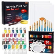 46 Pack Acrylic Paint Set, Shuttle Art 30 Colors Acrylic Paint with 10 Paint Brushes 3 Painting Canvas 1 Paint Knife Palette Sponge, Gift Set for Kids, Adults , Beginners, School Activities
