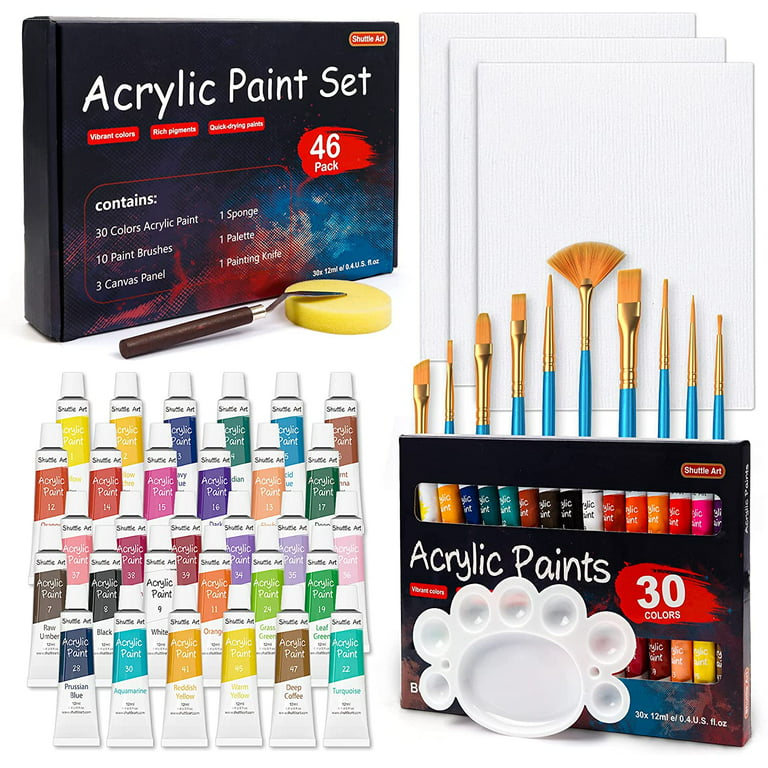 46 Pack Acrylic Paint Set, Shuttle Art 30 Colors Acrylic Paint with 10  Paint Brushes 3 Painting Canvas 1 Paint Knife Palette Sponge, Gift Set for