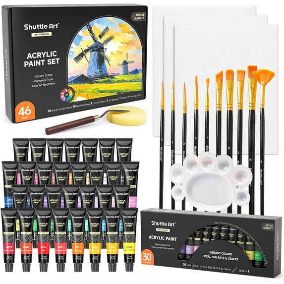 46 Pack Acrylic Paint Set, Shuttle Art 30 Colors Acrylic Paint with 10 Paint Brushes 3 Painting Canvas 1 Paint Knife Palette Sponge, Gift Set for Kids, Adults , Beginners, School Activities