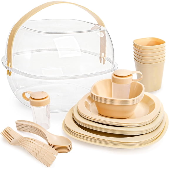46 Pack Camping Dinnerware Set for 6 Portable, Reusable Plastic Plate Bowl Fork Spoon Salt Pepper Shaker Set with Basket, Food Grade Picnic Dishes Cutlery Kit for Outdoor, Party, Travel, BBQ