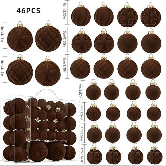 46-Pack Flocked Christmas Ornaments - Velvet Tree Decor Set (3 Inch Brown Plastic Balls) | Shatterproof Xmas Decorations
