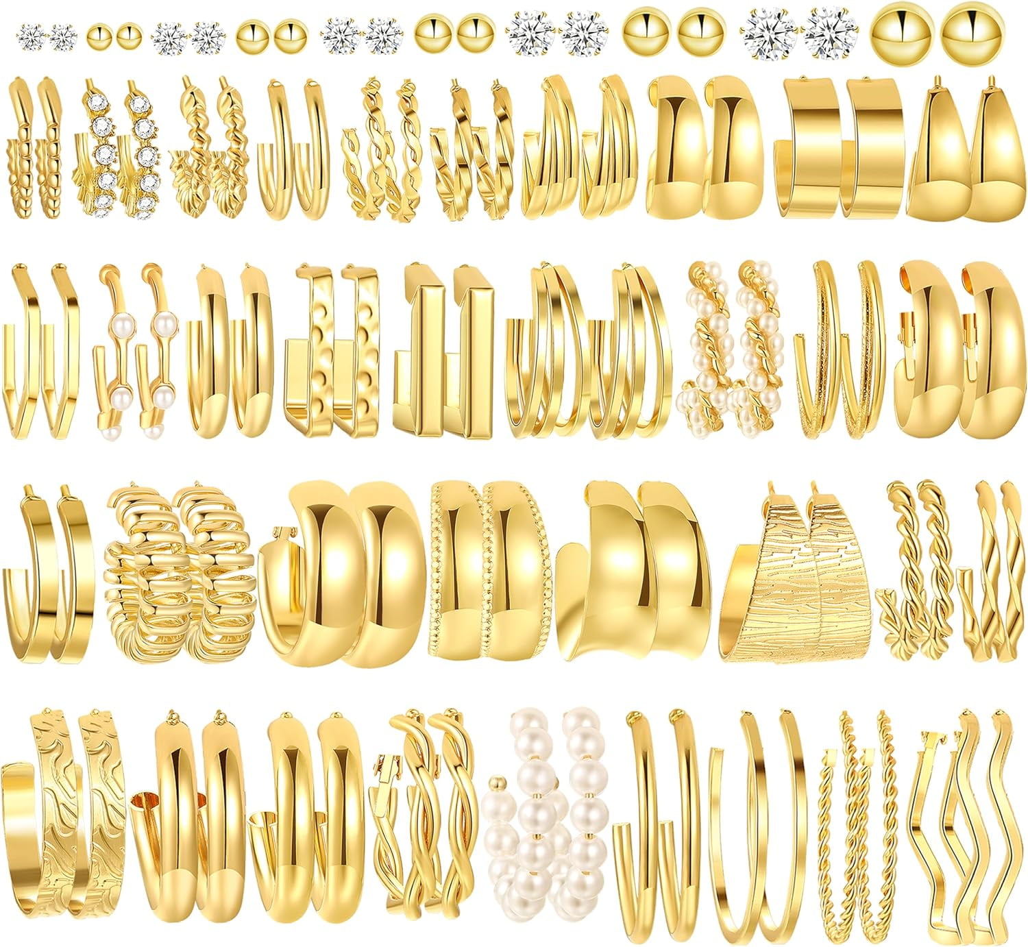 YOSZO 46 Pairs Gold Hoop Earrings Set for Women, Fashion Hypoallergenic Chunky Twisted Pearl Stud Earrings Multipack, Small Big Hoops Earring Packs Trendy for Christmas Birthday Party Jewelry Gift