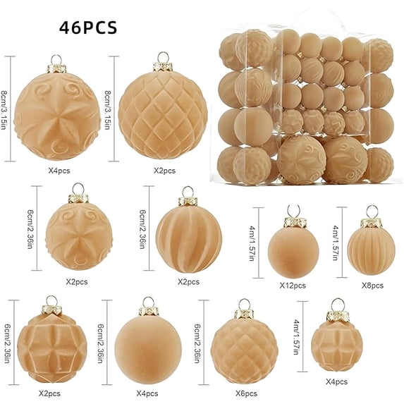 Velvet Flocked Christmas Ornaments, 46 Piece Plastic Hanging Balls, Festive Tree Decor Set, for Home Holiday Styling, Textured Baubles Collection