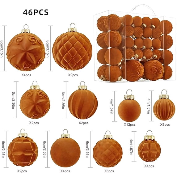 Velvet Flocked Christmas Ornaments, 46 Piece Plastic Hanging Balls, Festive Tree Decor Set, for Home Holiday Styling, Textured Baubles Collection